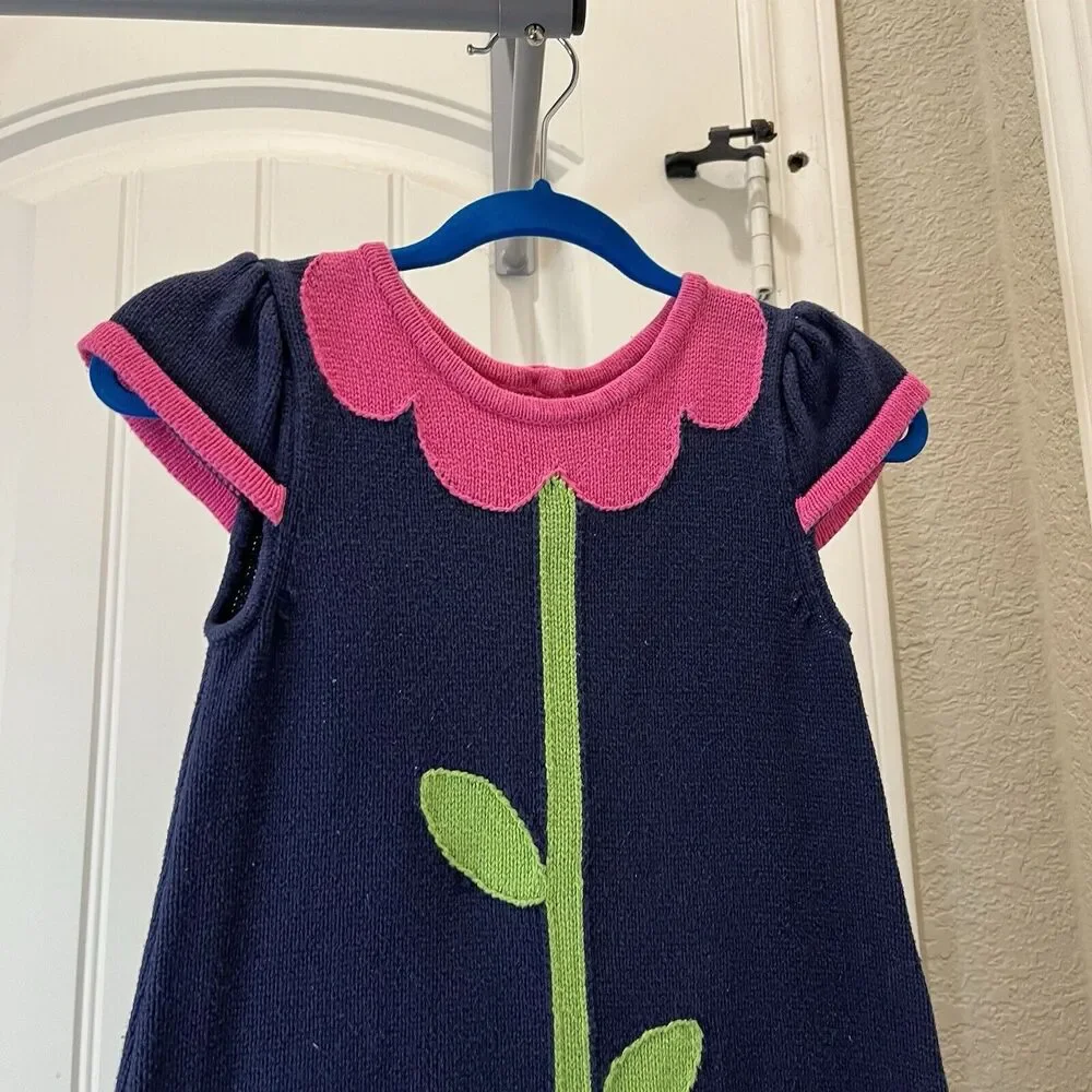 Gymboree Navy Blue Pink Flower Stem Floral Girls Dress Short Sleeve Size 4T